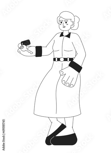 Blonde woman receiving apartment key black and white 2D cartoon character. Professional lady wearing white dress isolated vector outline person. Customer buyer monochromatic flat spot illustration
