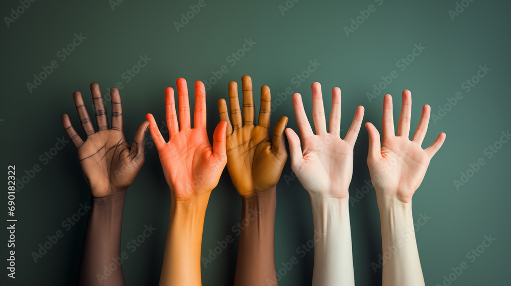 Colored hands raised up open for diversity in a green background