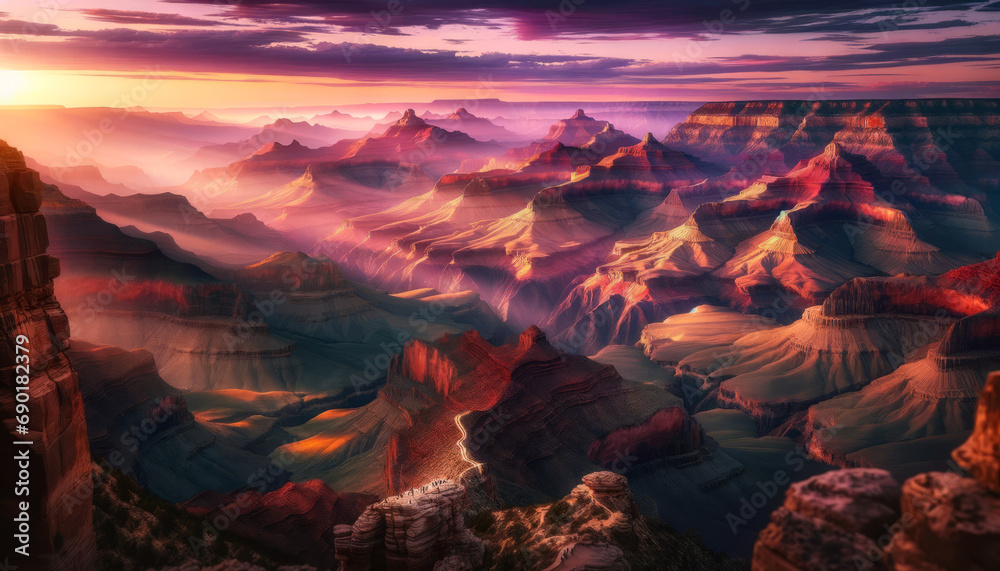 A breathtaking landscape of the Grand Canyon at sunrise. 