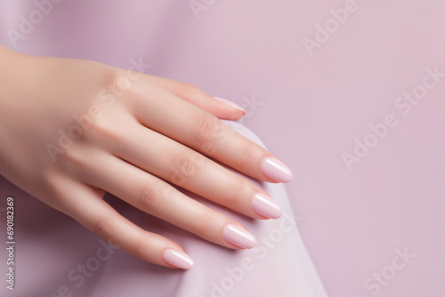 Glamour woman hand with light pink nail polish on her fingernails. Pink nail manicure with gel polish at luxury beauty salon. Nail art and design. Female hand model. French manicure.