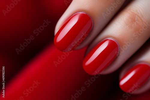 Glamour woman hand with classic red nail polish on her fingernails. Red nail manicure with gel polish at luxury beauty salon. Nail art and design. Female hand model. French manicure. photo