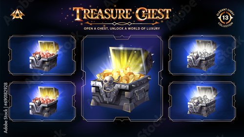 Futuristic Open Treasure Chests Collection With Gold Coins -Unveiling a Realm from Basic to Upgraded Levels for RPG, Fantasy, and Medieval Games-Vector illustration Design