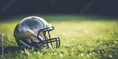 American football helmet on green grass,Sports Safety: Football Helmet in Outdoor Setting,Athletic Protection: Football Gear on Vibrant Green Surface