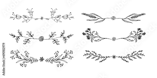 Set of ornate floral border dividers for decorating postcards, invites, banners. Vector illustration of blades of grass and leaves in the doodle style.