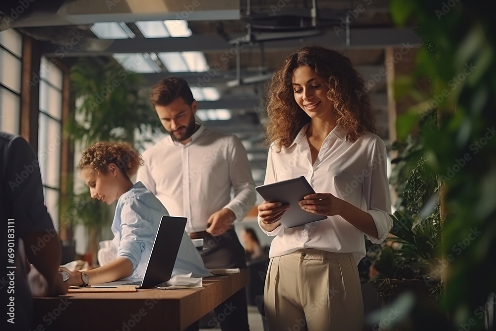 Positive business people working in the office using a tablet in a suit creative designer selling online. The concept of business people.