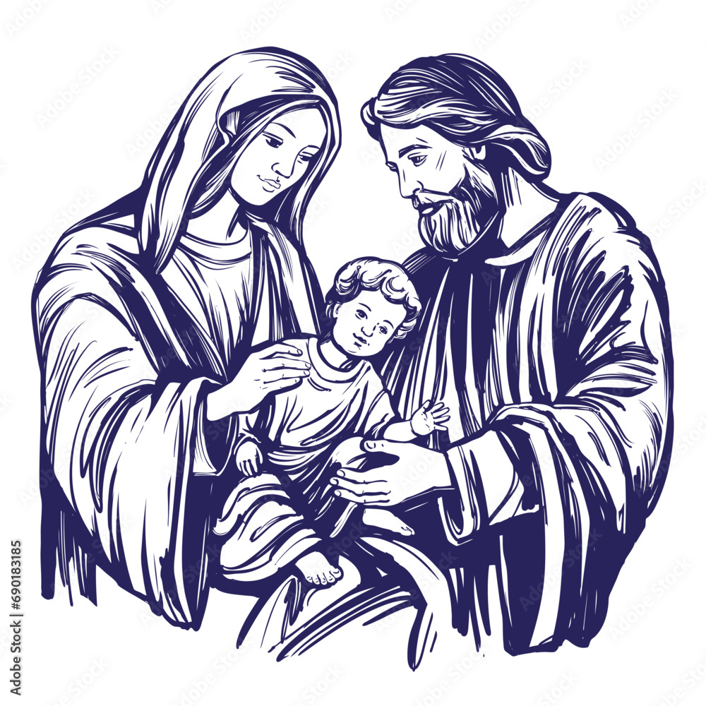 Obraz premium Merry Christmas. Christmas story. Mary, Joseph and the baby Jesus, Son of God , symbol of Christianity hand drawn vector illustration