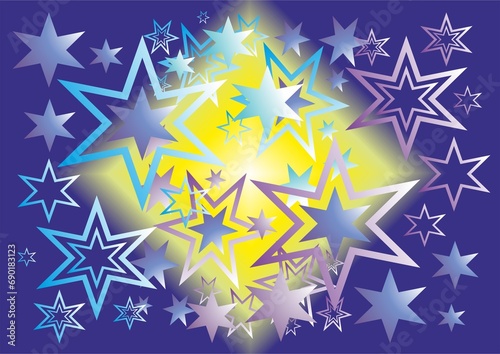 Background with stars - abstract graphics in blue, violet, yellow and white colors. Topics: ornament, Christmas season, pattern, starry sky, decoration, festive atmosphere