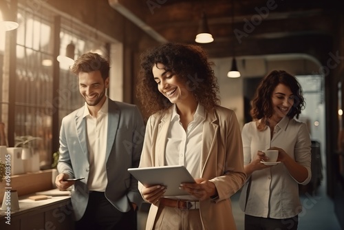 A couple of partners are business people, a man and a woman managers in a shirt, positive employees, colleagues in the office use a tablet and smile, communicate