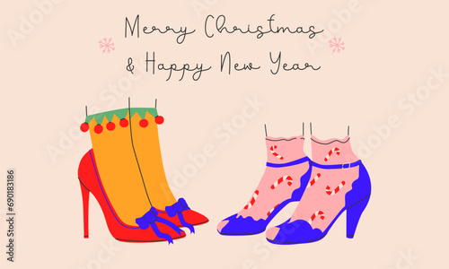 Merry Christmas and Happy New Year card with costume shoes and bright socks in a trendy style.isolated.Vector