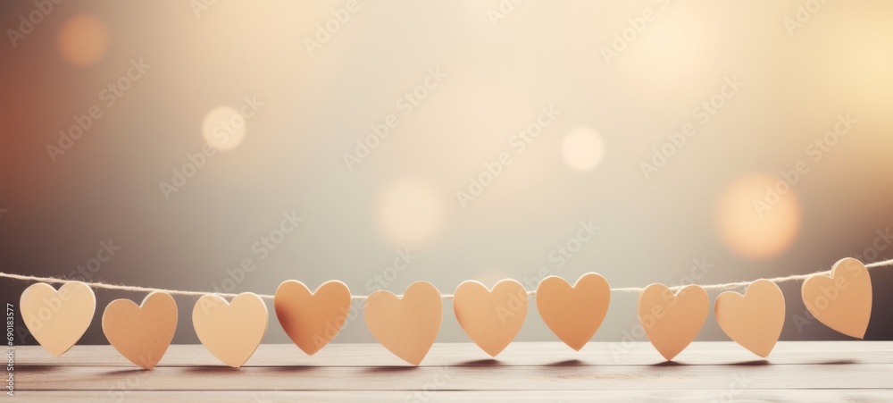 Happy Valentine's Day Valentine wedding birthday background banner panorama greeting - Beige brown hearts hanging on a string, with bokeh lights in the background - obrazy, fototapety, plakaty 