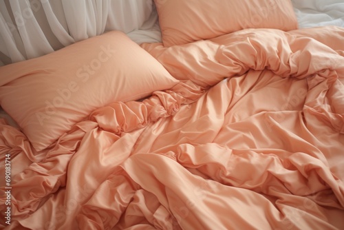 Peach fuzz sheet set from a bed with pillows, in the style of post processing, dullcore, smooth surface, ultra detailed, organic material photo