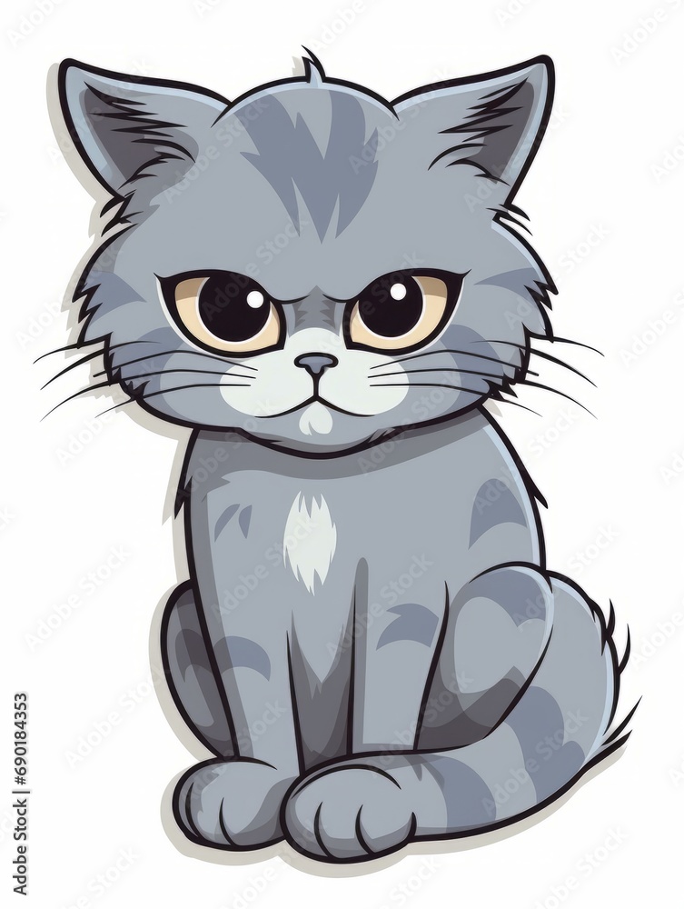 Cartoon sticker upset kitten on white background isolated, AI