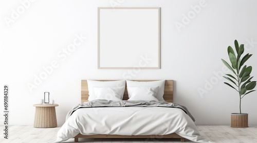 A minimalist bedroom with an empty white mockup frame  quietly hanging on the wall  waiting to showcase your favorite memories.