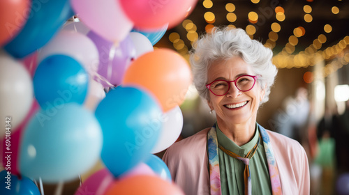 Happy senior woman on background of festive balloons. Birthday . Anniversary. Grandpas day