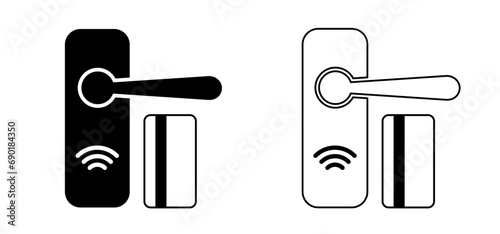 Contactless, digital door Handle. NFC key card or pass.Security door knob or doorknob transmitter. key for login, password. Remote control key for automatic open, close or electronic unlock and lock