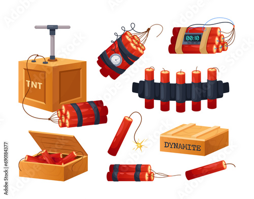 Dynamite with wick set. Vector set of explosive lethal weapon, TNT with timer and detonator, dynamite pack and sticks with burning fuse, burning bomb. Military weapon, army, war, destruction