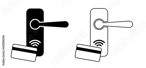 Contactless, digital door Handle. NFC key card or pass.Security door knob or doorknob transmitter. key for login, password. Remote control key for automatic open, close or electronic unlock and lock