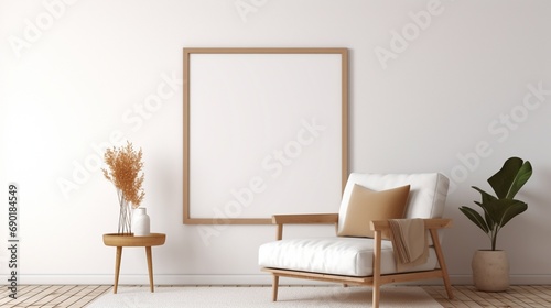 A serene reading corner with an empty white mockup frame, allowing you to personalize the space with your favorite literary quotes or artwork. photo