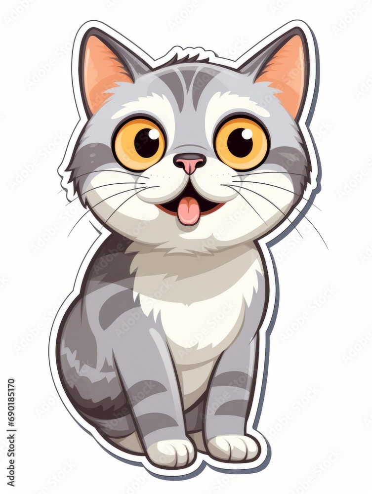 Cartoon sticker surprised kitten on white background isolated, AI