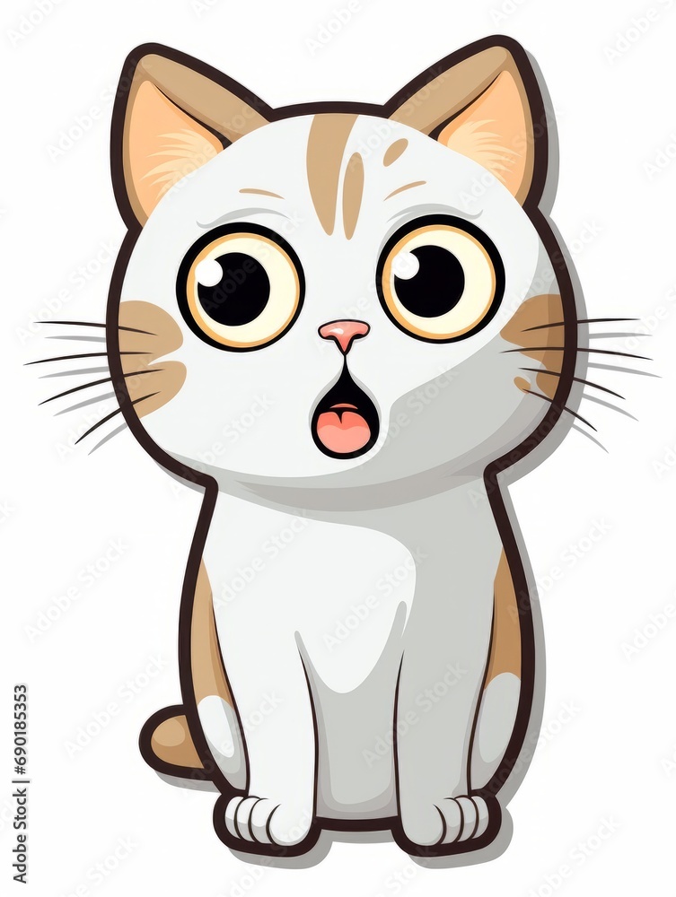 Cartoon sticker surprised kitten on white background isolated, AI