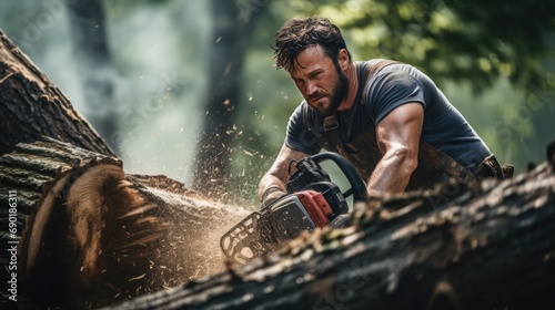 woodcutter cutting pine tree with chainsaw outside photo