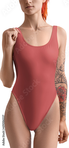 Mockup of a red one-piece swimsuit on a girl with a tattoo, front view, bodysuit PNG