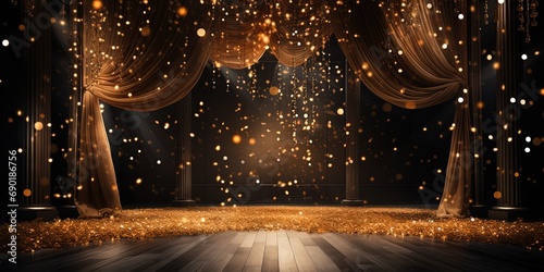 golden confetti shower cascading onto a festive stage, illuminated by a central light beam, mockup for events such as award ceremonies, jubilees, New Year's parties, or product presentations © Влада Яковенко