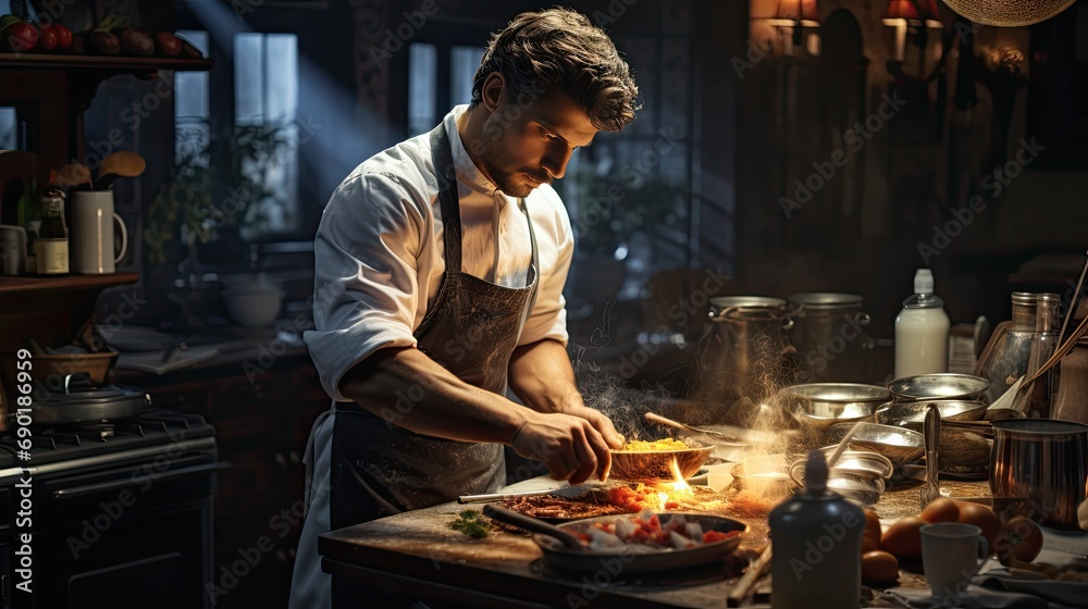 chef cooking gourmet food in kitchen alone chef cooking gourmet food in kitchen alone