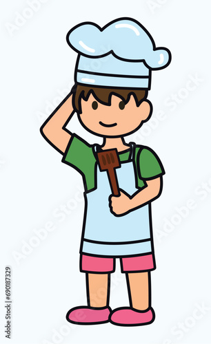 Kitchen element of colorful set. Little boy cook capture the charm and enthusiasm of young chefs in a dynamic and heartwarming style. Vector illustration. © Andrey