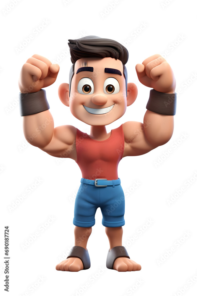 3d cartoon man flexing arm muscles 3d rendring isolated on white background. Generative Ai. 3d cartoon man flexing arm muscles 3d rendring isolated on white background. Generative Ai.