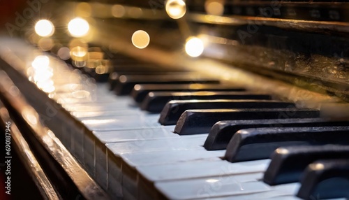 A bokeh background enhances old piano keys, with selective focus on a key. Generated with AI