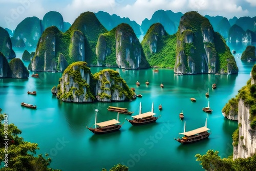 **beautiful landscape halong bay view from adove the bo hon island.halong bay is the unesco world heritage site, it is a beautiful natural wonder in northern