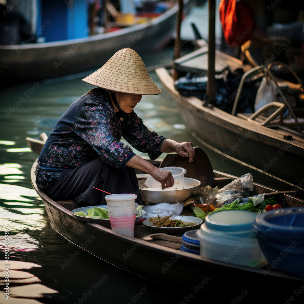 Obraz premium bangkok woman making food for sale from boat.