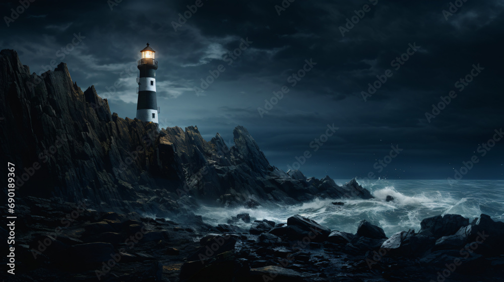 Lighthouse on the rock illuminating the darkness