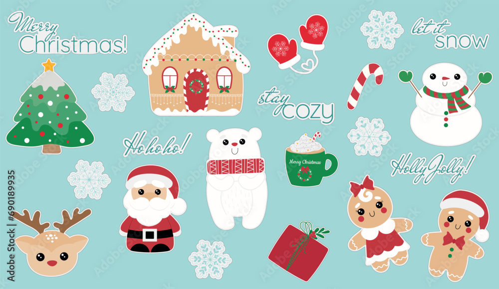 Cute winter sticker pack. Hand drawn sticker set of Christmas elements in cartoon style. Santa Claus, deer, gingerbread man, bear, gift box, mittens, christmas tree, snowman, etc. 