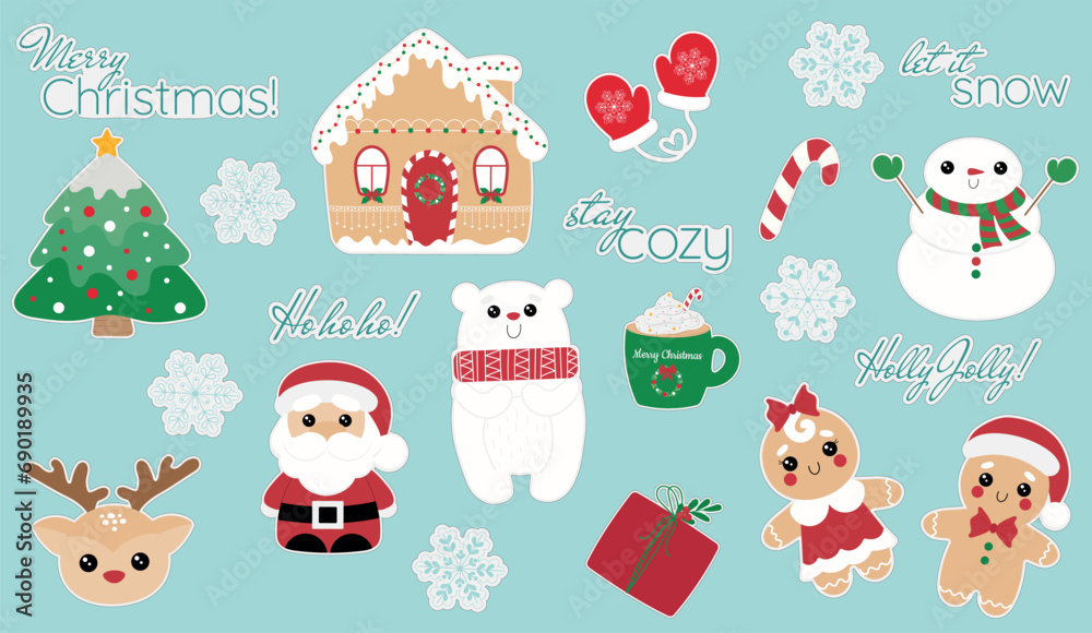 Cute winter sticker pack. Hand drawn sticker set of Christmas elements in cartoon style. Santa Claus, deer, gingerbread man, bear, gift box, mittens, christmas tree, snowman, etc. Cute winter sticker pack. Hand drawn sticker set of Christmas elements in cartoon style. Santa Claus, deer, gingerbread man, bear, gift box, mittens, christmas tree, snowman, etc.