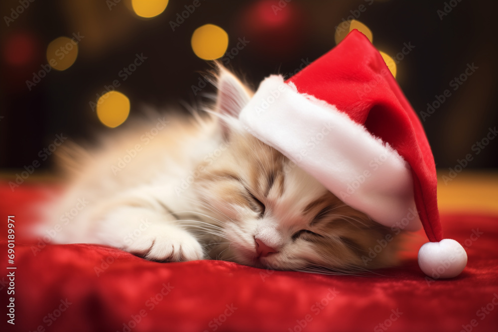 Gatinho fofo usando um gorro vermelho de natal dormindo tranquilo - Papel de parede
 - obrazy, fototapety, plakaty 