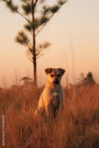 Cachorro fofo na colina com a grama alta ao entardecer - Papel de parede © vitor