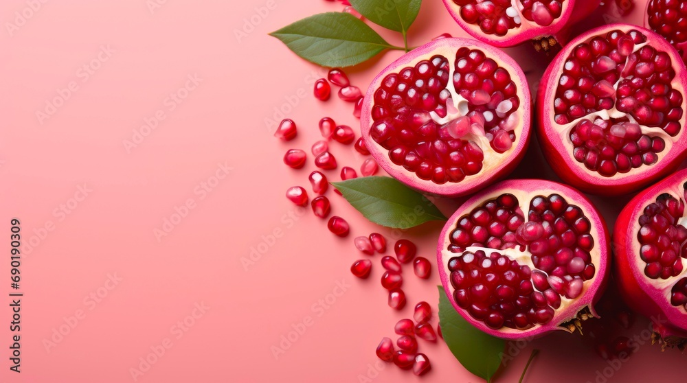 Top view of pomegranates on pink background with copy space.