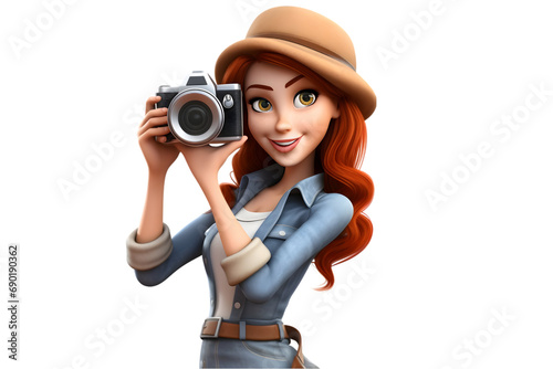 3d cartoon woman taking photo with camera 3d rendring isolated on white background. Generative Ai. photo