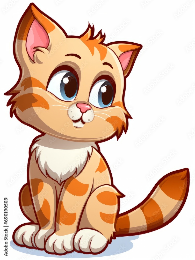Cartoon sticker kitten looks to the side expectantly on white background isolated, AI Cartoon sticker kitten looks to the side expectantly on white background isolated, AI