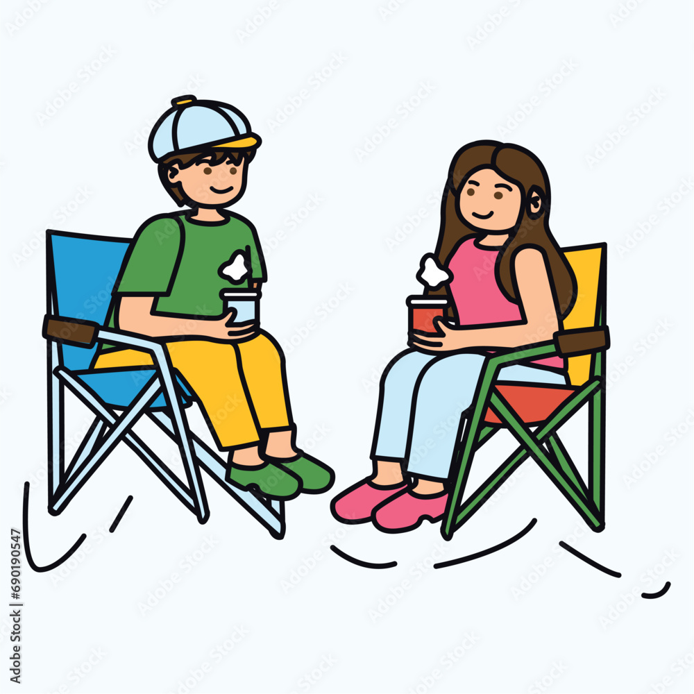 Camping element of colorful set. A camping-themed illustration with outlined design of two friends spending quality time together capture the essence of relaxation. Vector illustration. Camping element of colorful set. A camping-themed illustration with outlined design of two friends spending quality time together capture the essence of relaxation. Vector illustration.