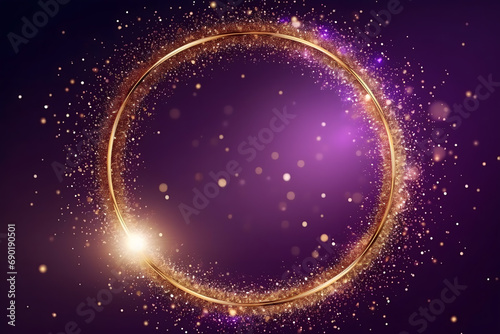 Gold glitter circle of light shine sparkles and golden spark particles in circle frame on purple background. Christmas magic stars glow  firework confetti of glittery ring shimmer 