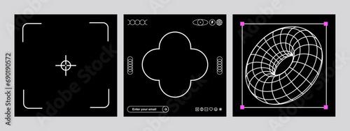 Techno abstract Y2k elements. Square template in brutal style. Rave vibe. Cyber and minimalism aesthetic. Retro futuristic. Abstract geometric elements for modern web and graphic design. Utilitarian 