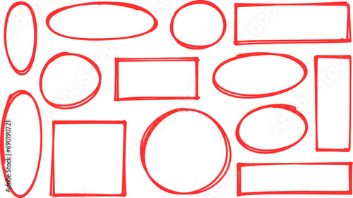 Handdrawn doodle grunge circle and square highlights. Charcoal pen round ovals. Marker scratch scribble inrounder. Round scrawl frames. Vector illustration.