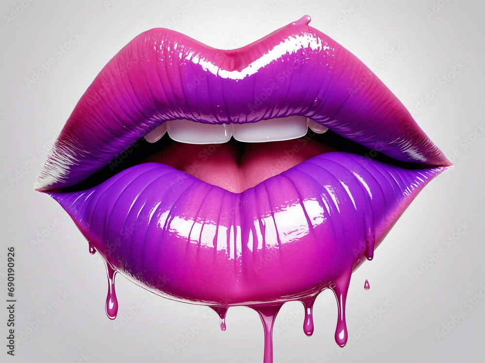 Purple and pink lips. dripping colors.shiny lips. - obrazy, fototapety, plakaty 