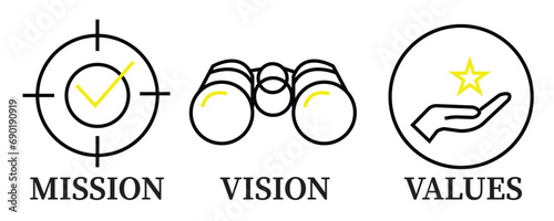 Mission, Vision and Values vector with text. Web page template. Modern flat design. Abstract icon. Purpose business concept. Mission symbol illustration. Abstract eye. 