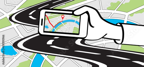 Winding road. Curved road with white markings. Road with gps pins or pointer pin. Curve way or asphalt highway or city street. Winding route template. Flat parts road wavy. Path wave. Pins location. 