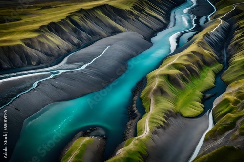 **A glacial rivers from above. aerial photograph of the river strea from icelandic glaciers.beautiful art of the mother nature created in iceland . wallpaper background high quality photo