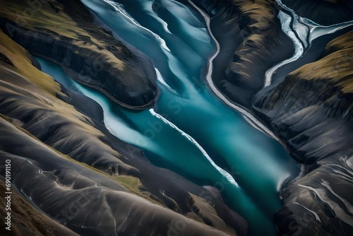 **A glacial rivers from above. aerial photograph of the river strea from icelandic glaciers.beautiful art of the mother  nature created in iceland . wallpaper background high quality photo